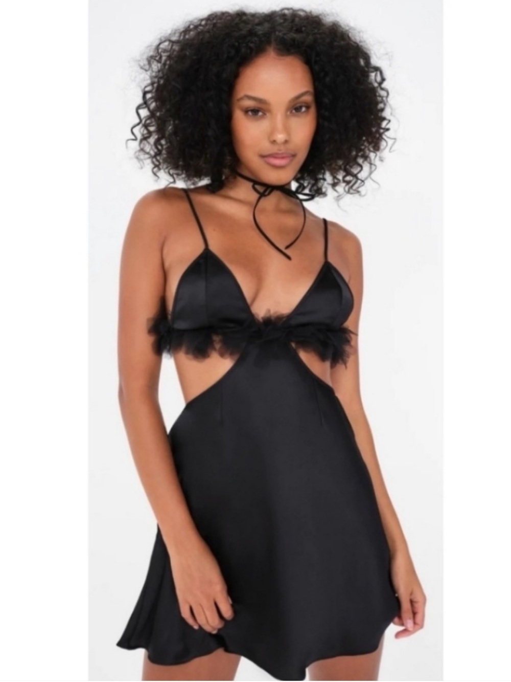 For Love & Lemons Black Satin Floral-Trim Cutout Slip